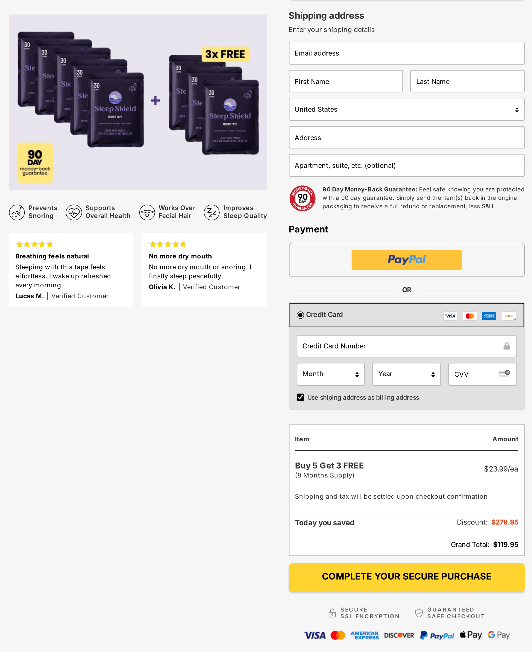 Sleep Shield  checkout page.